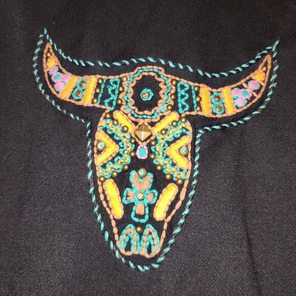 Black Southwestern Embroidered Zip-Up Jacket W/ Bull & Cross Accents Size M - Picture 1 of 8